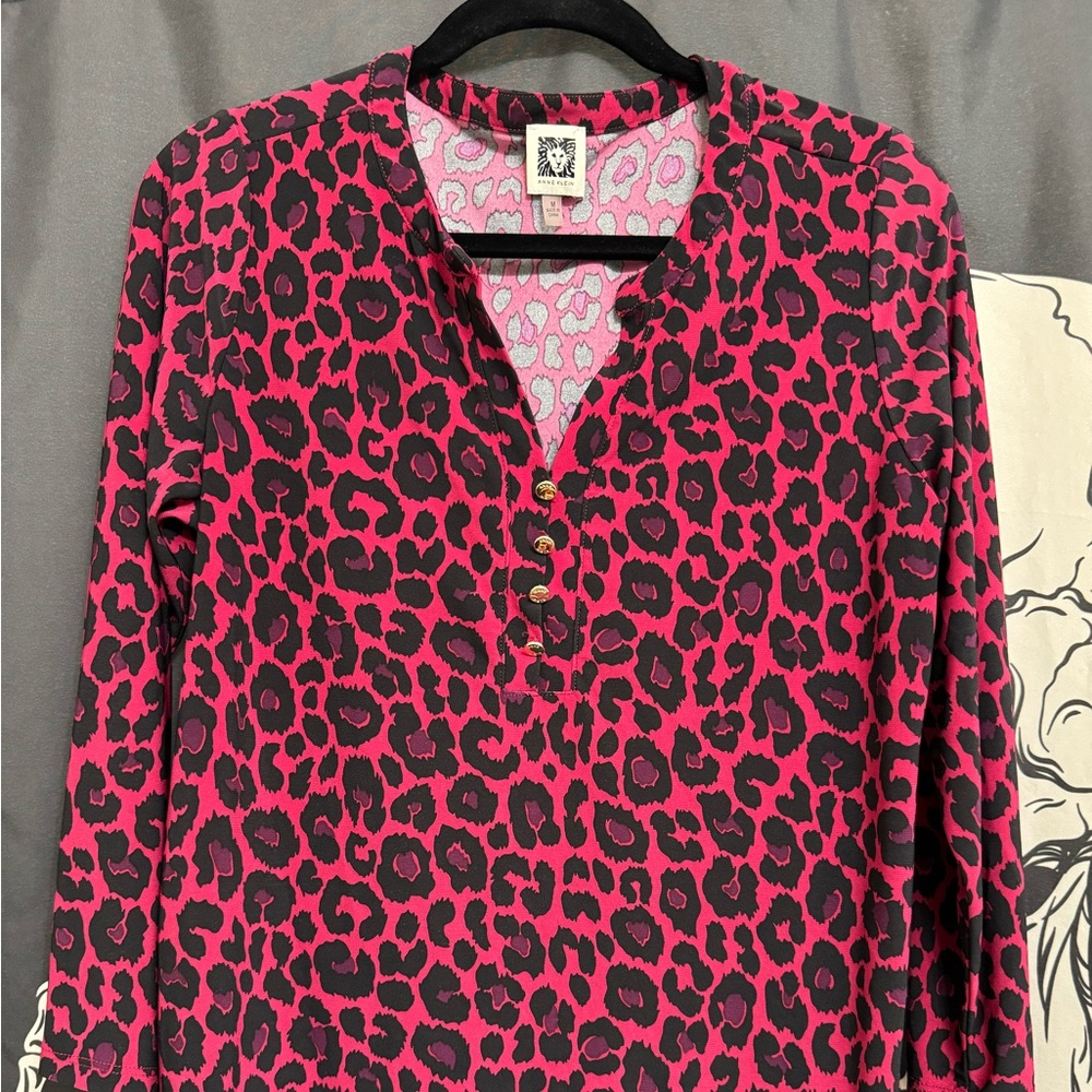 Anne Klein Pink and Gray Leopard Print Henley Top